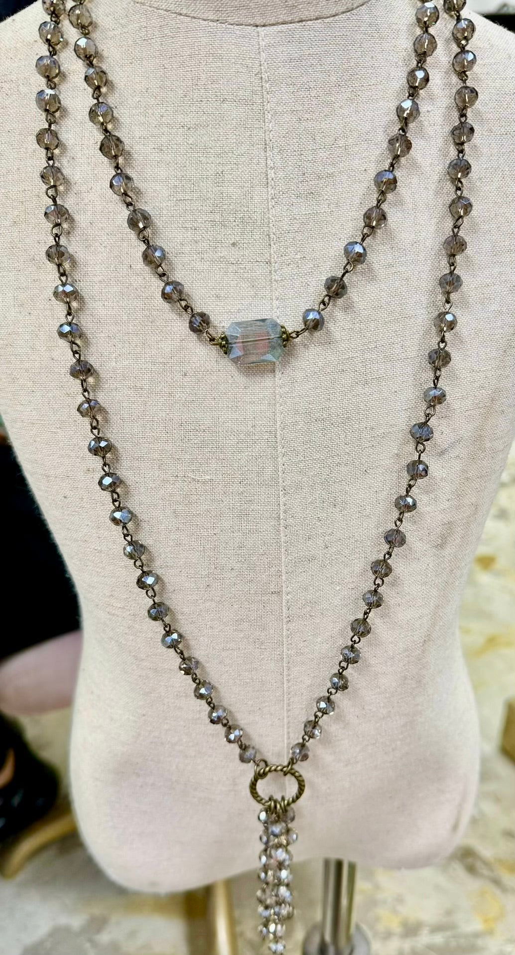 Blue grey crystal chain layered necklace