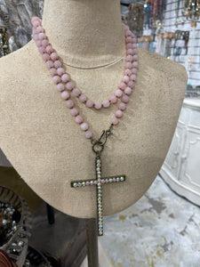 AB Crystal Cross on Pink Agate