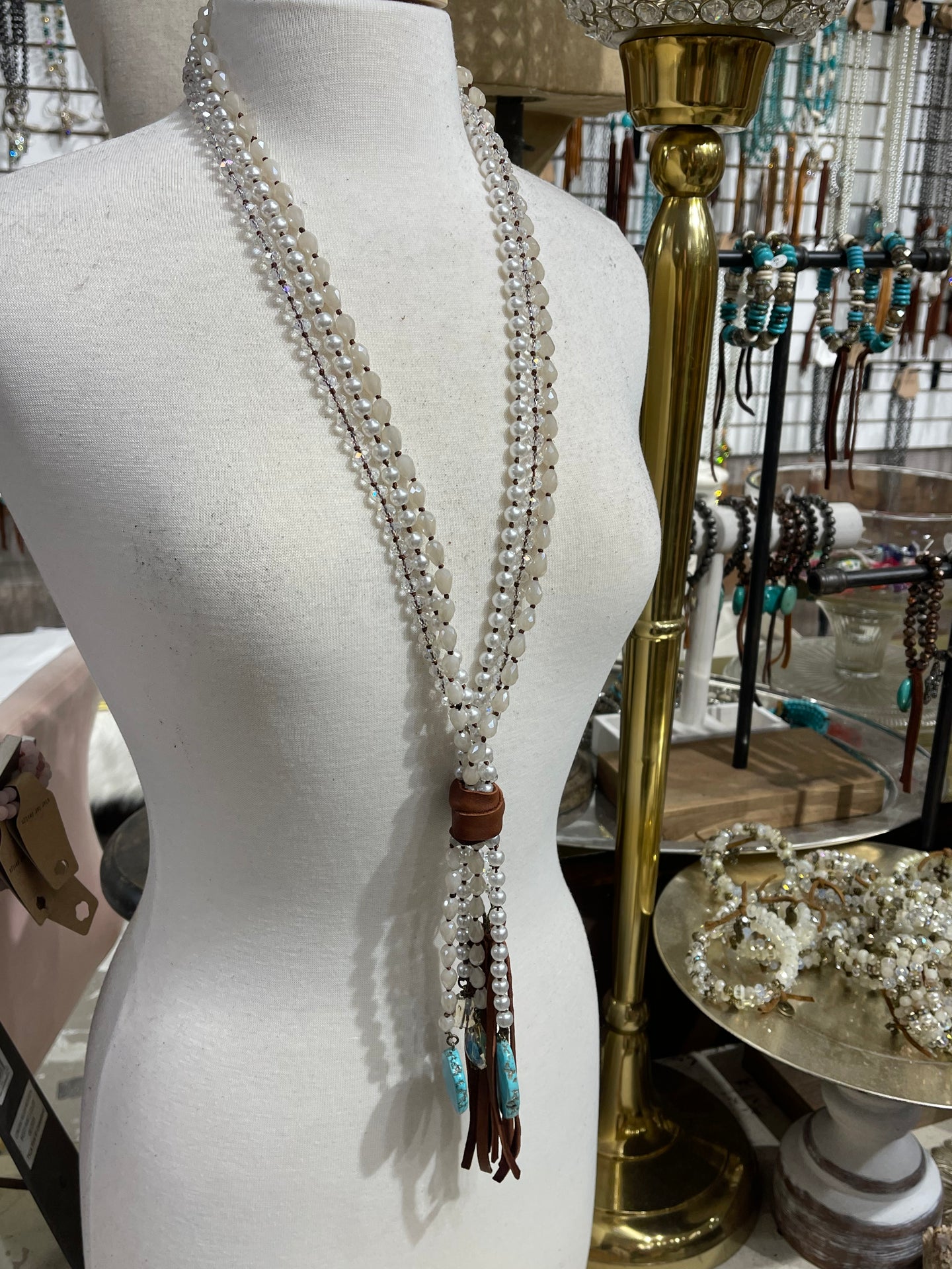 Neutral Mix Triple Strand Necklace w/ Slab Turquoise Drops