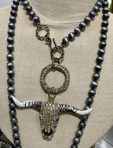 Hand Crystalled Cowskull on Navajo Pearl Inspired Knotted Necklace
